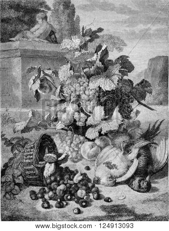 1857 Exhibition of Painting, The Basket of Strawberries overthrown by St. John, vintage engraved illustration. Magasin Pittoresque 1857.