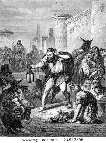 Esop seeking a man, vintage engraved illustration. Magasin Pittoresque 1857.