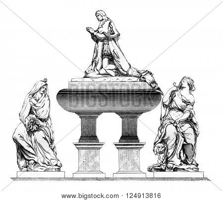 Tomb of Colbert, made by Lebrun, performed by Baptiste Tuby and Coysevox Antonie, vintage engraved illustration. Magasin Pittoresque 1847.