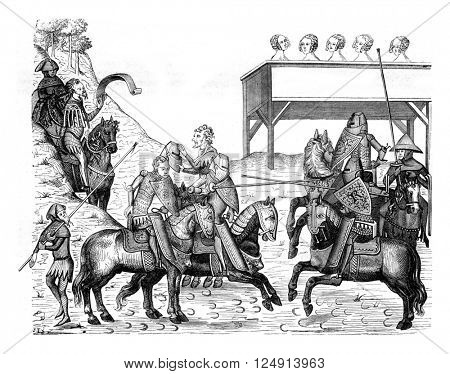 Skirmish, Miniature from a manuscript of the Royal Library, executed around 1390, vintage engraved illustration. Magasin Pittoresque 1847.