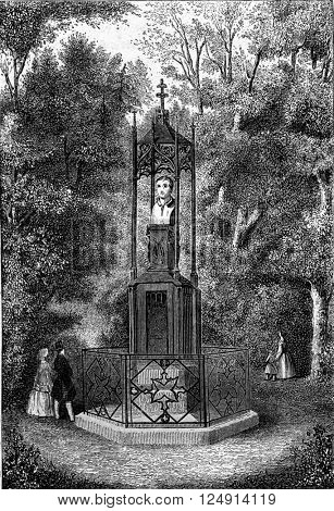Hebel monument to the castle garden in Karlsruhe, vintage engraved illustration. Magasin Pittoresque 1847.