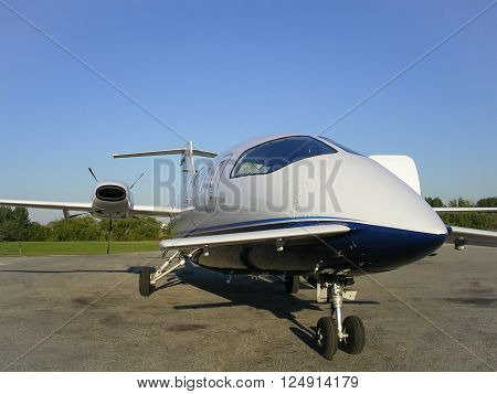 MARKHAM, ONTARIO, CANADA - SZEPTEMBER 22, 2004: A Piaggio Avanti aircraft from an unusual viewpoint on September 22, 2004 at the Buttonville airport (CYKZ). The airport has been closed since then.