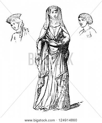 Costume Aveline, Countess of Lancaster, and women's headgear, vintage engraved illustration. Colorful History of England, 1837.