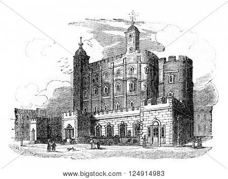 Second view of the Tower of London, vintage engraved illustration. Colorful History of England, 1837.