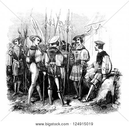 Military uniforms from the reign of Henry VIII, vintage engraved illustration. Colorful History of England, 1837.