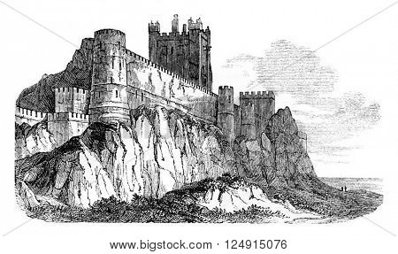 Castle Bamborough, vintage engraved illustration. Colorful History of England, 1837.