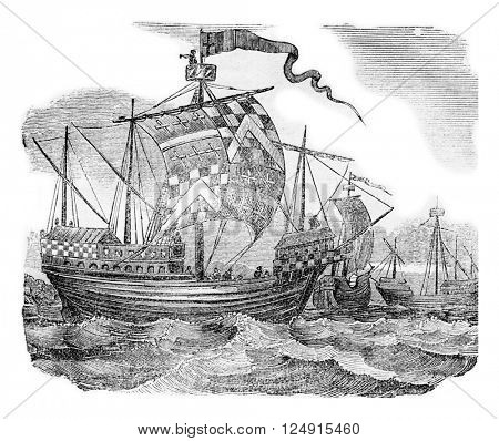 British ships during the reign of Edward IV, vintage engraved illustration. Colorful History of England, 1837.