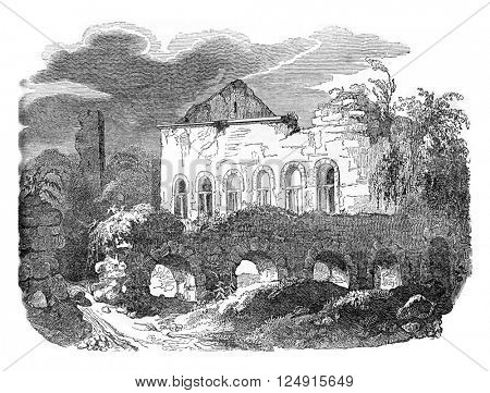 Ruins of the castle of Harcourt, Lillebonne, vintage engraved illustration. Colorful History of England, 1837.