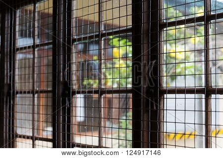 security, safety protection concept - close up of window with metal grate