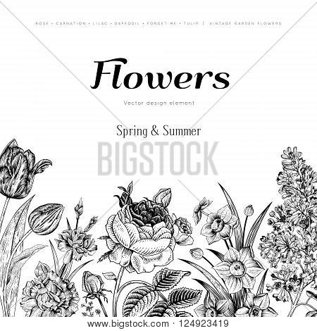 Summer floral vintage vector background. Blossoming garden black flowers on a white background. Rose lilac carnation daffodil tulip. Monochrome.