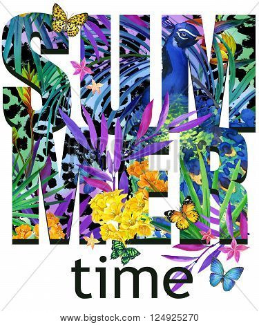 Summer time Tee Shirt design. Tropical plants texture. Summer time text. Tropical leaves, flower, butterfly watercolor background. Watercolor floral background. Tropical forest.