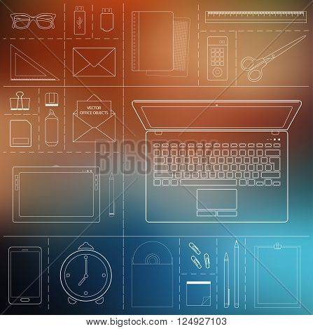 Set of flat outlines design concept icons for web mobile services and apps. Computer device office objects and business working elements for development and management of computer technologies