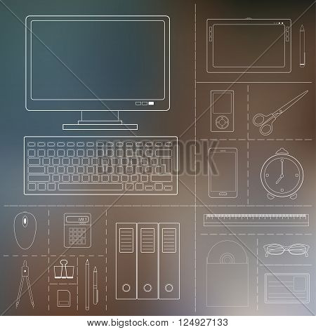Set of flat outlines design concept icons for web mobile services and apps. Computer device office objects and business working elements for development and management of computer technologies