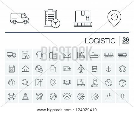 Vector thin line icons set and graphic design elements. Illustration with Logistic, delivery business, distribution outline symbols. Service, export, shipping, transport linear pictogram