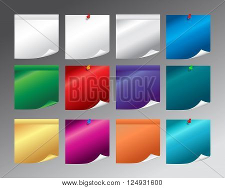 Vector illustration. Set of different colourful paper sticky note with push pins isolated on grey background