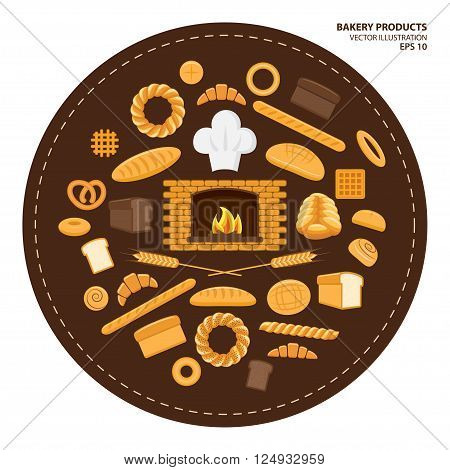 Vector illustration. Flat design style. Set of different kinds of bread and bakery products. Baking bread croissants donuts buns pretzel baton and flour products from bakery or pastry shop