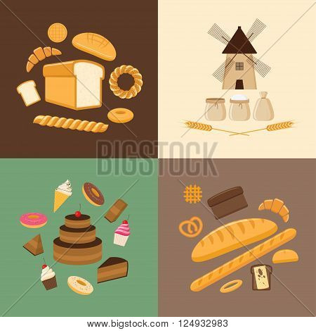 Vector illustration. Flat design style. Set of different kinds of bread sweet pastries and bakery products. Baking bread croissants cupcakes donuts baton cookies buns pretzel cake pies and flour products from bakery or pastry shop