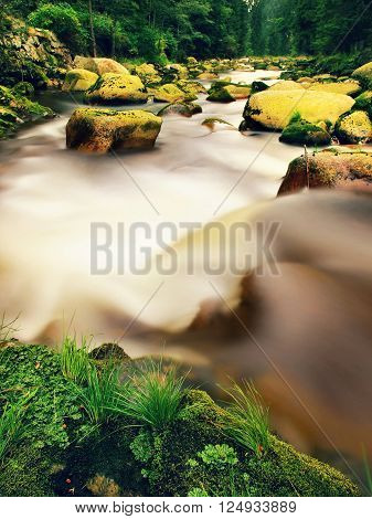 Mountain River With Blurred Waves Of Clear Water. White Curves In Rapids Between Mossy Boulders And