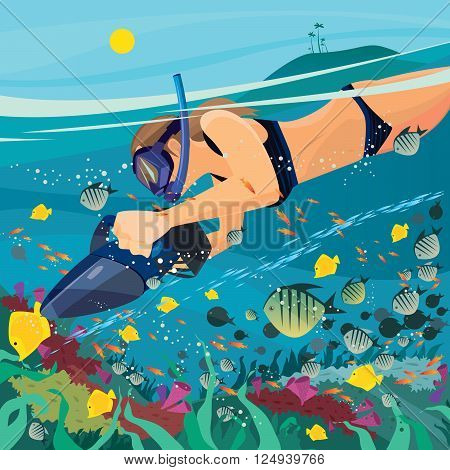 Cute girl in a swimsuit snorkeling with underwater scooter and watching coral reef. Split view of over surface and underwater - Studying marine life concept
