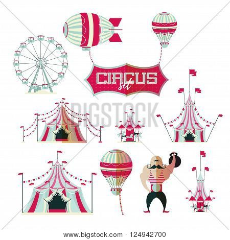 vector illustration collection of a set of circus tent balloon airship plane, carousel horses, weightlifter circus flat icon