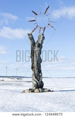 PETROZAVODSK, RUSSIA - MARCH 19TH, 2016: A wooden sculpture 