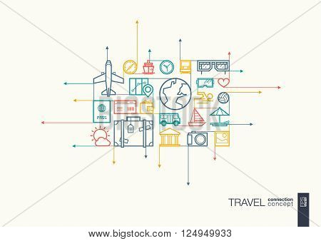 Travel integrated thin line symbols. Motion arrows vector concept, with connected flat design icons. Abstract background illustration for tourism, holiday, trip, summer, vacation concepts.