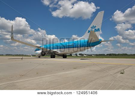 Borispol Ukraine - July 5 2014: KLM Boeing 737 taxiing to the terminal after landing at the aiport