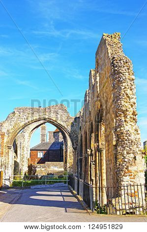 Ruins next to Canterbury Cathedral in Canterbury in Kent of England. It is one of the most famous cathedrals in England. It is the Archbishop of Canterbury Cathedral.