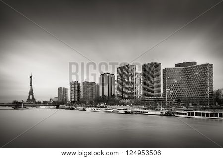 Black & White skyline with high-rise Left Bank buildings in the 15th Arrondissement with the Eiffel Tower ,Seine River and Pont de Grenelle, Paris, France