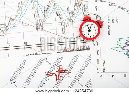 Alarm clock with paper clips on grpahical charts background, business concept