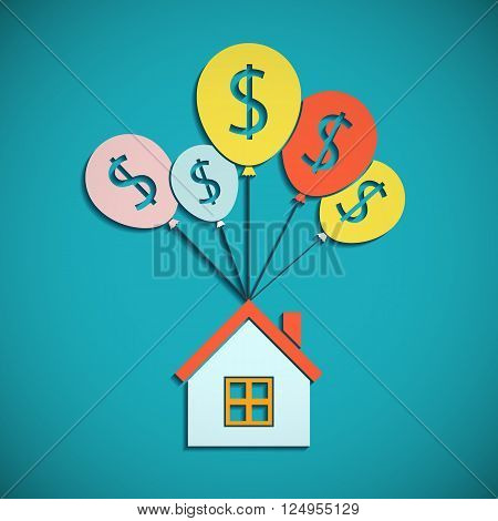 House is hanging on the balloons. Mortgages for the purchase of real estate. Flat graphic. Stock vector illustration.