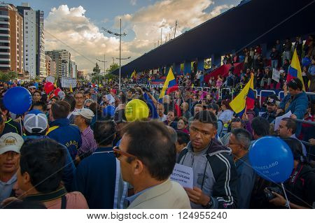 Quito, Ecuador - April 7, 2016: Group of people, police and journalists during anti government protests in Shyris Avenue.