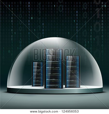 Network servers under a glass dome. Security database from hacker attacks. Stock vector illustration.