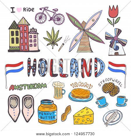 Doodle hand sketch collection of Holland icons. Netherlands culture elements for design. Vector colorful illustrations.