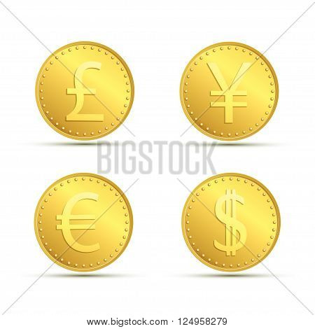 Set icons of gold coins. Currency dollar euro pound sterling and yen. Stock vector illustration.