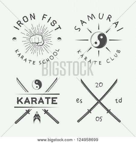 Set of vintage karate or martial arts logo emblem badge label and design elements in retro style. Illustration