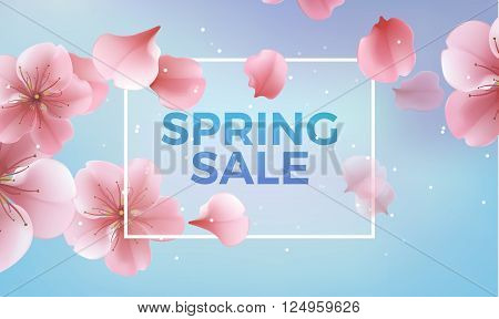 Pink soft floral background with frame and Spring Sale text vector illustration. Modern style vector soft spring illustration background