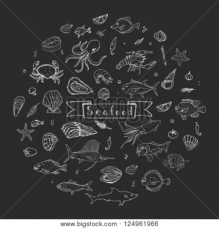 Hand drawn doodle Seafood icons set Vector illustration seafood symbols collection Cartoon fish Crab Seafood platter Lobster Oyster Shrimp Shellfish Shrimp Background for your menu or design