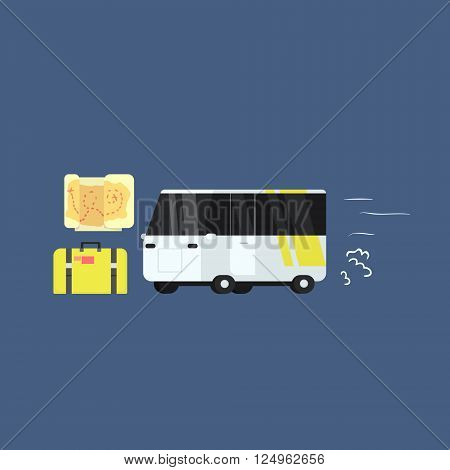 White Touristic Bus Primitive Graphic Style Flat Vector Icon On Blue Background