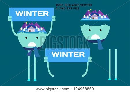 Team of people holding sign winter. Flat stylish vector illustration
