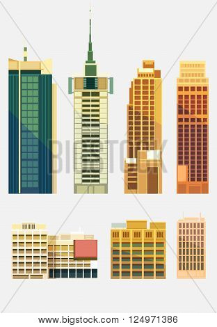 Set of buildings in the style of small business flat design.