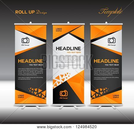 Orange and black Roll Up Banner vector template polygon background for business