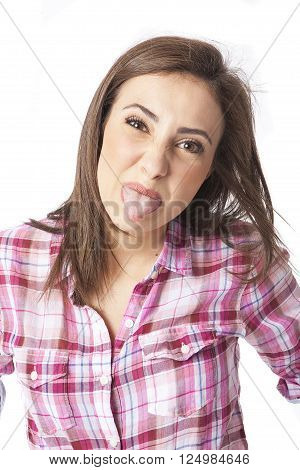 attractive young woman posing in white background