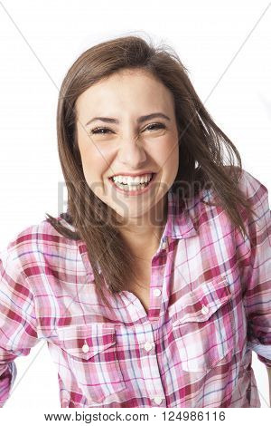 attractive young woman posing in white background