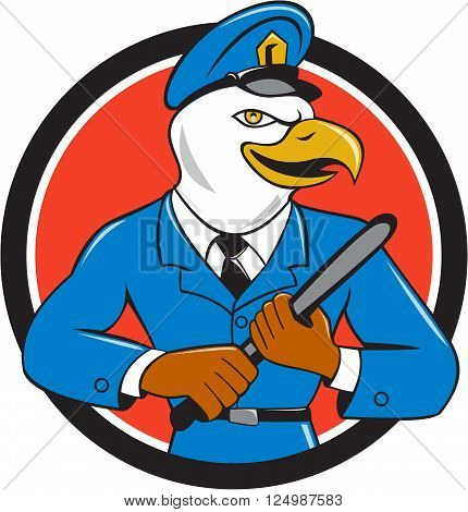 Illustration of an american bald eagle policeman holding baton looking to the side set inside circle on isolated background done in cartoon style.