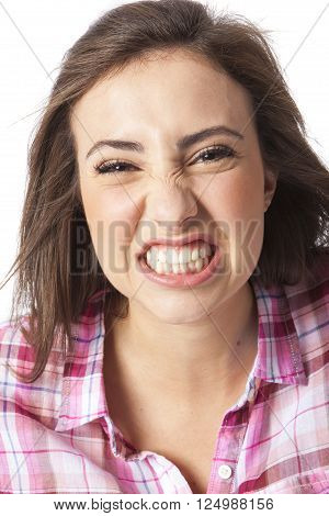 attractive young woman posing in white background
