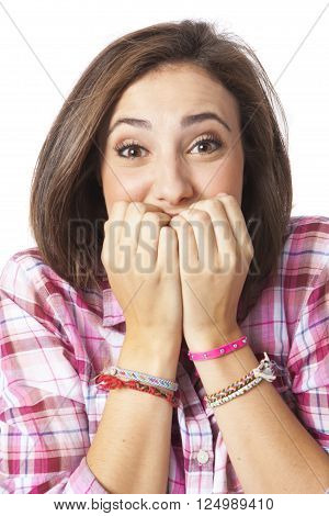 attractive young woman posing in white background