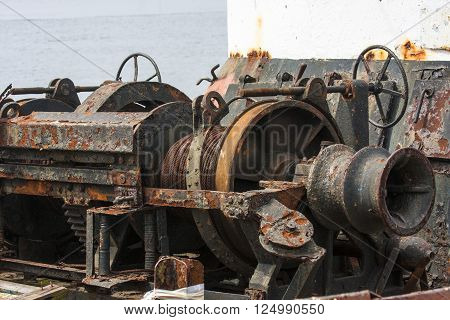 Old rusty machinery on a fishing boat elapsed time