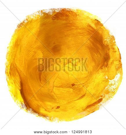 An abstract artistic background texture a golden circle with a place for text hand painted on white background to be used as a design element