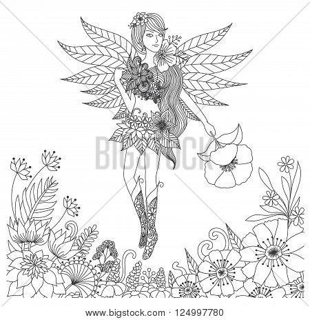 Hand drawn fairy flying in flower land for coloring book for adult